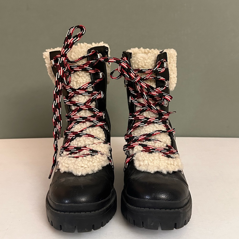 Women’s Faux-Shearling Lace-Up Block Heel Boots - Black - Picture 3 of 4